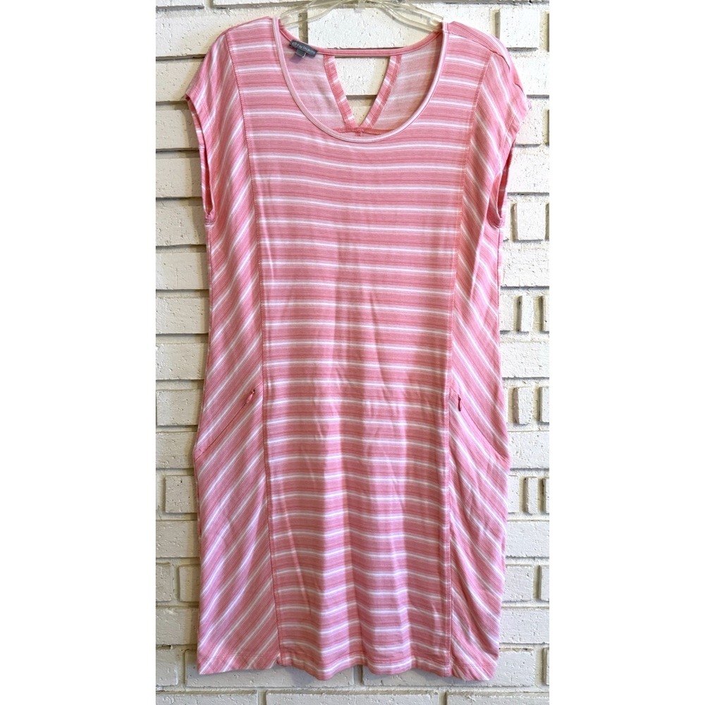 T by Talbots Striped Round Neck Pink Short‎ Sleeve Casual Dress Women's Medium